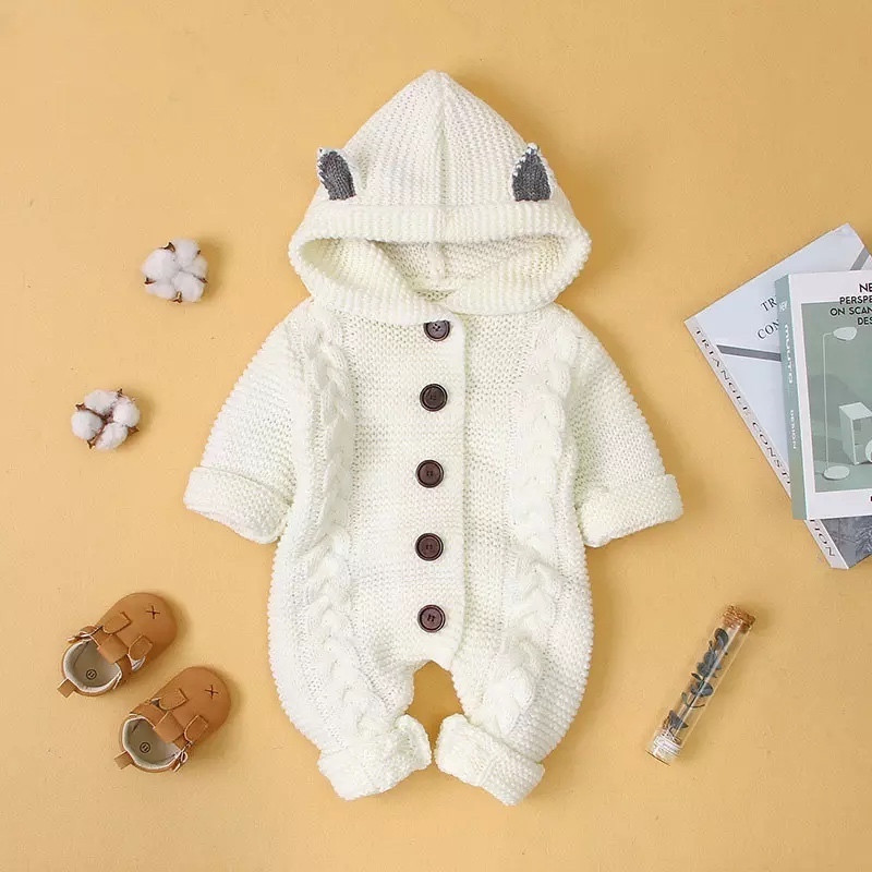 White 3M-24M Three Dimensional Small Ear Hooded Knitted Baby Romper